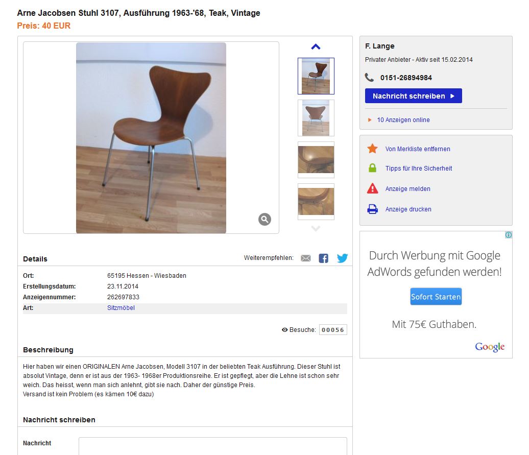 Fritz Hansen Arne Jacobsen Stuhl 3107 Serie 7 Teak Designklassiker gebraucht