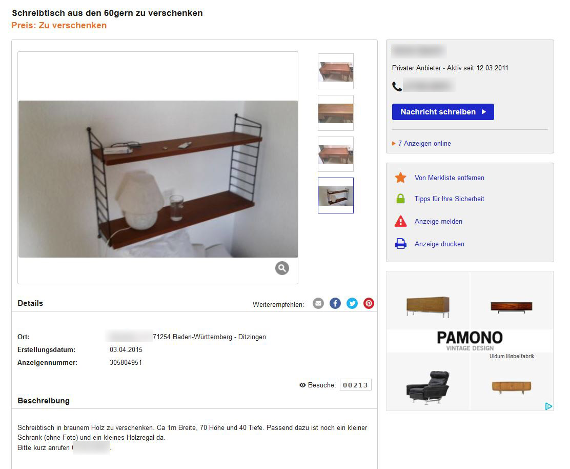 Zu verschenken: 50er 60er Jahre Teak-Schreibtisch mit ...