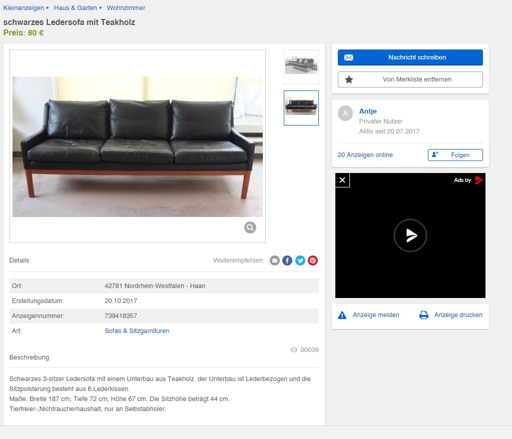 Midcentury Modern Ledersofa Danish Design Teak schwarz Vintage Designklassiker