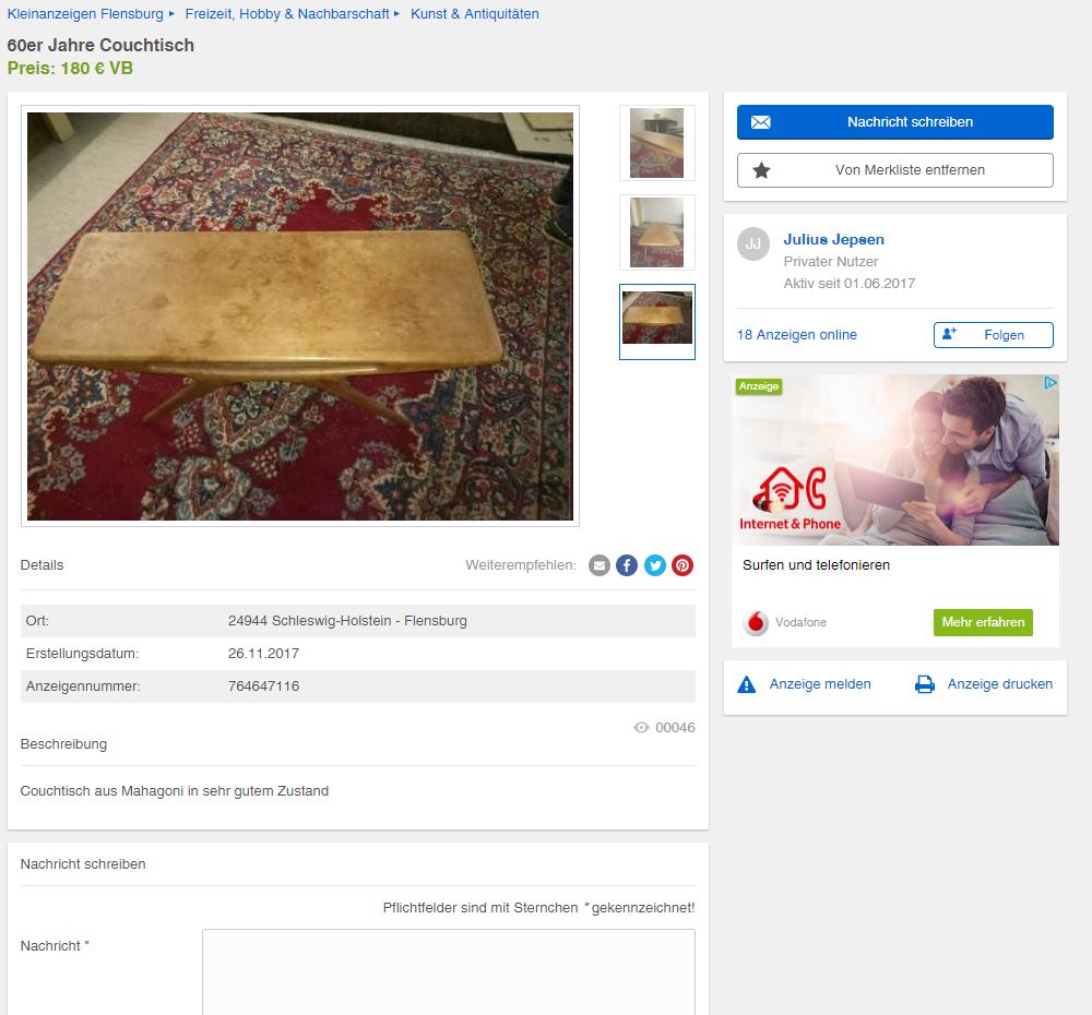 Johannes Andersen Smile Coffee Table CFC Silkeborg Danish Design Vintage Retro Klassiker gebraucht kaufen